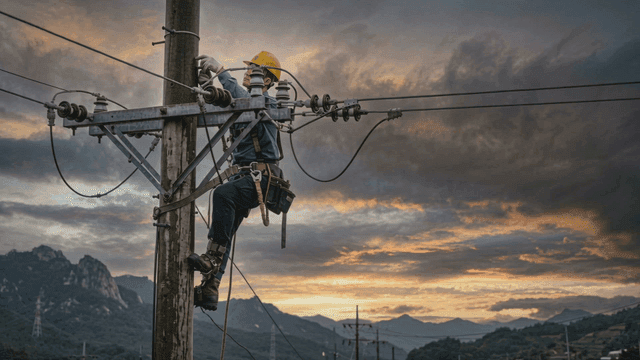 Electrician working on a power pole at sunset