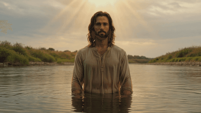 Jesus standing by quiet river at sunset