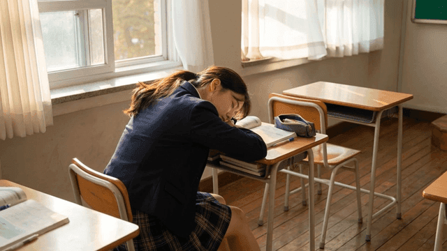 Female student who fell asleep in classroom with her arm as pillow