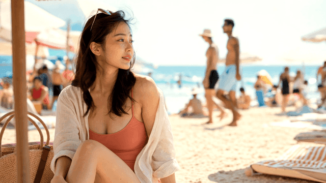 여름 햇살 가득한 해변 파라솔 아래에서 휴식을 취하는 여성