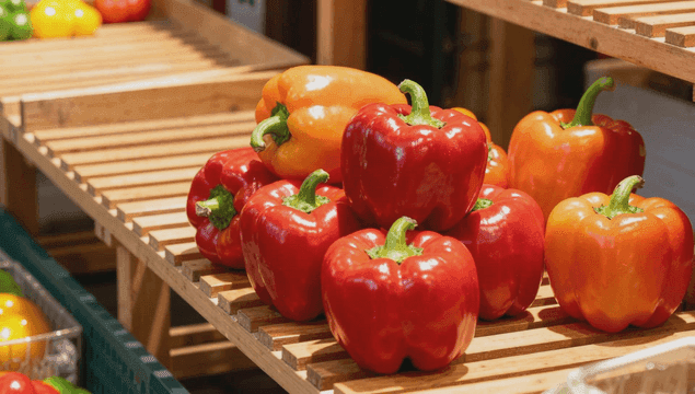 나무 선반 위의 신선한 피망