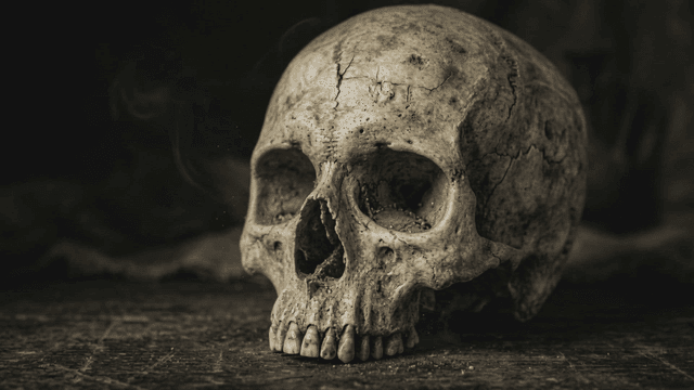 Old skull on dark floor