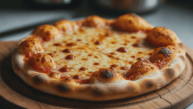 Freshly baked cheese pizza on a wooden board