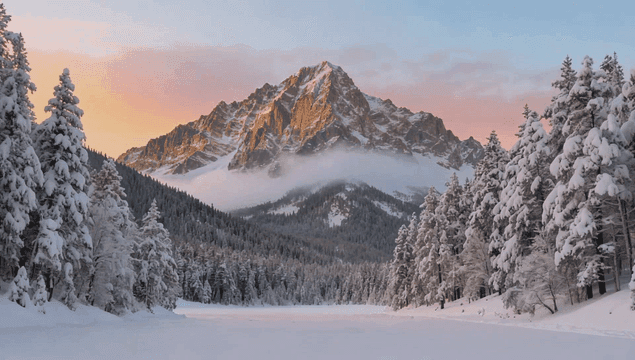 Snow-covered mountains with clouds passing by