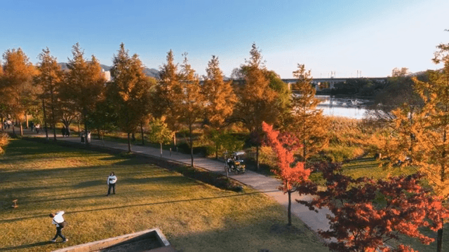 가을 풍경을 즐기는 사람들이 있는 경치 좋은 공원