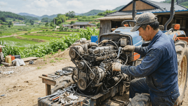 Farmer repairing tractor engine
