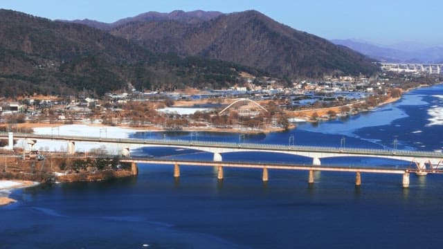 Winter Landscape with River and Bridges