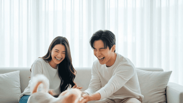 소파에서 강아지와 노는 커플