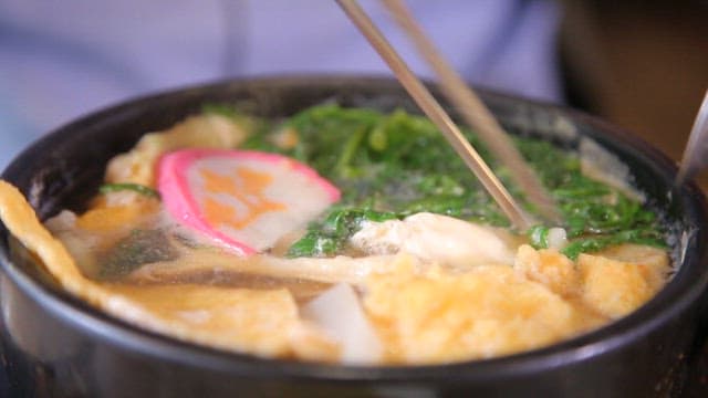 Bowl of steaming udon noodle soup