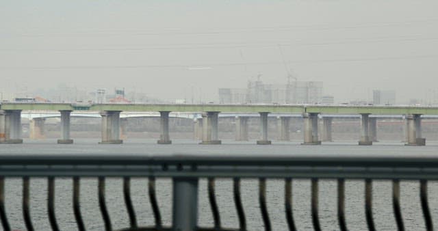 도시에서 다리를 건너는 기차