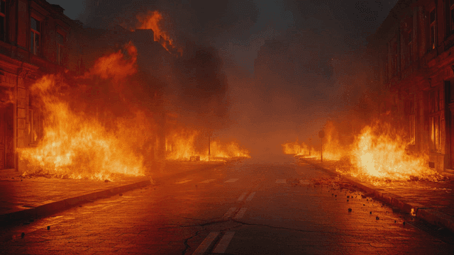 City streets engulfed in flames.