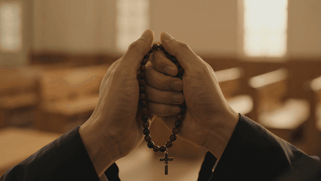 Hand holding rosary in church