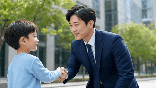 Office worker shaking hands with child