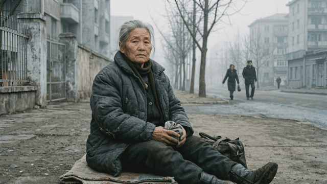Elderly woman sitting on foggy street