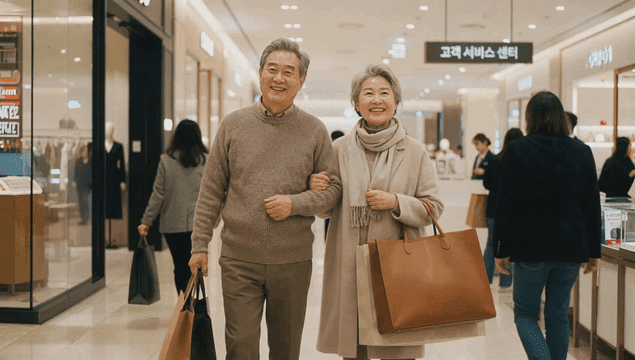 Elderly couple shopping arm in arm at shopping mall