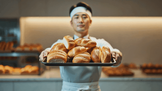 Baker presenting freshly baked bread