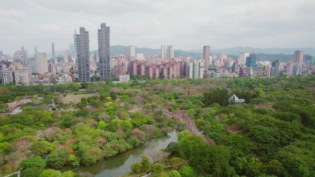 City skyline with lush green park