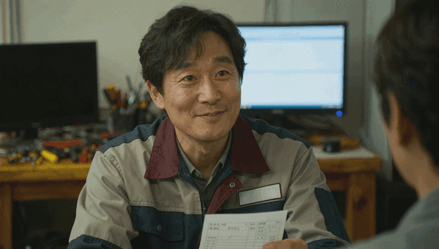 작업장에서 영수증을 들고 미소 짓는 기술자