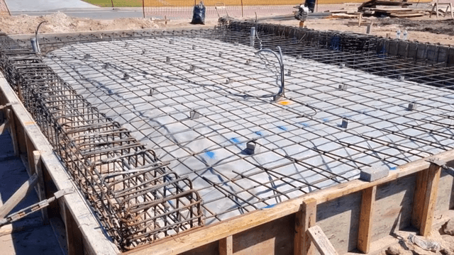 Construction site with rebar and concrete