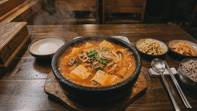 Side dishes and hot kimchi stew