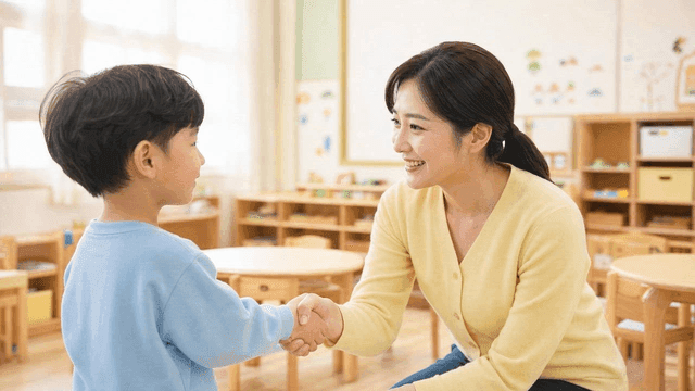 Teacher and child shaking hands in kindergarten classroom