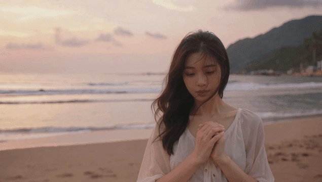 해질녘 고요한 해변에 서서 미소짓는 젊은 여성