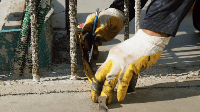 줄자로 콘크리트 측정하는 작업자