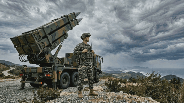 Soldier standing by a missile launcher