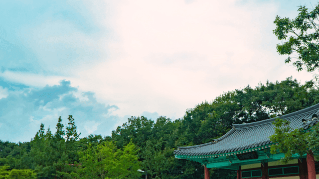 Traditional Korean pavilion surrounded by trees