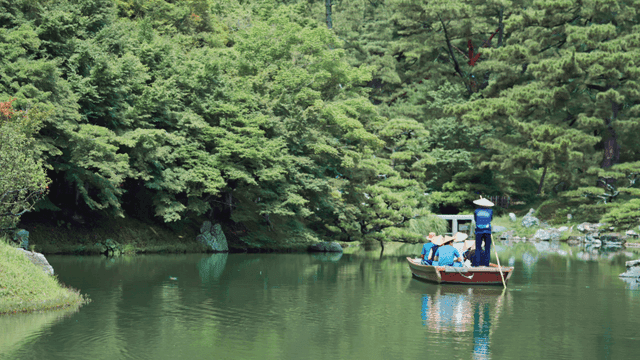 Serene boat ride in a lush lake