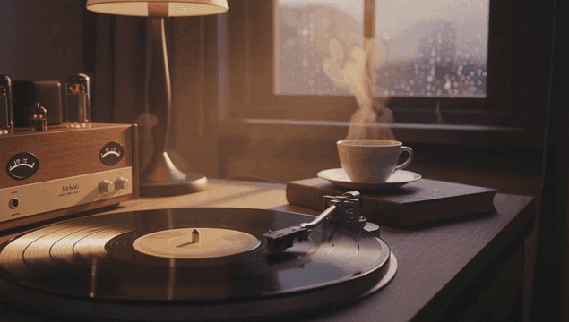 레코드 플레이어와 커피가 있는 아늑한 방