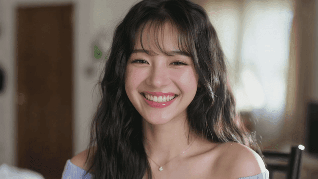 정면을 보고 미소 짓는 젊은 여성