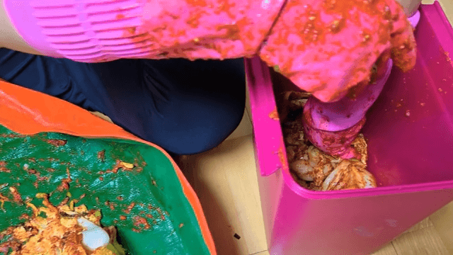 Kimchi being prepared with spices