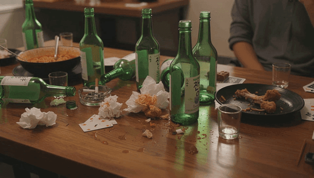 소주병과 남은 음식이 있는 테이블