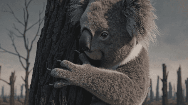 A koala clinging to a tree in a barren landscape