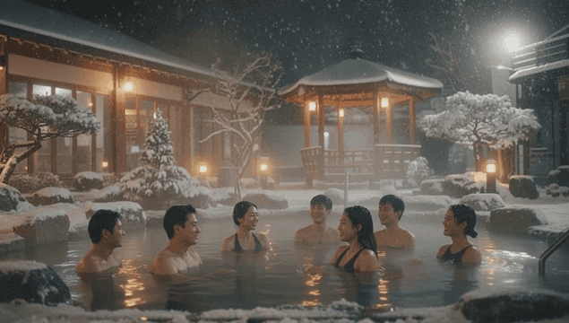 눈 내리는 밤 온천을 즐기는 사람들