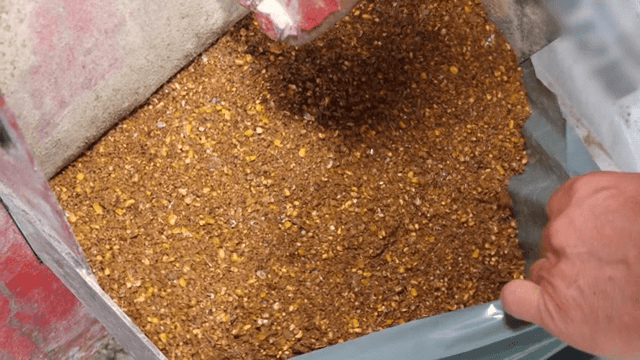 Grains being poured into a bag by hand