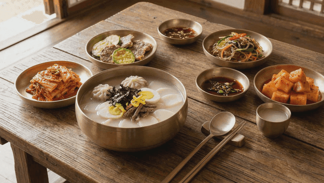 Traditional holiday rice cake soup on wooden table