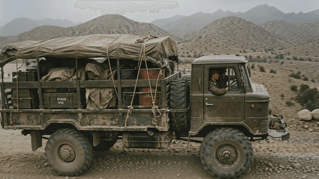 North Korean military trucks driving on unpaved roads