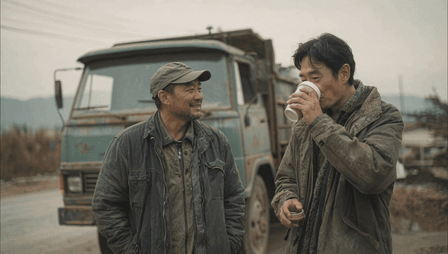 Two men chatting by a truck on a rural road