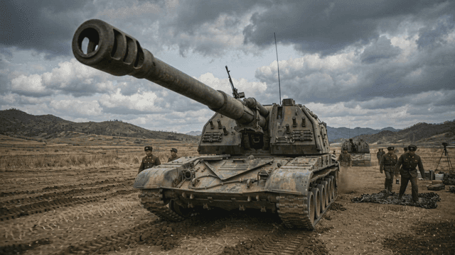 Military tanks in field with North Korean soldiers