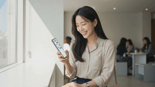 Woman using smartphone by window