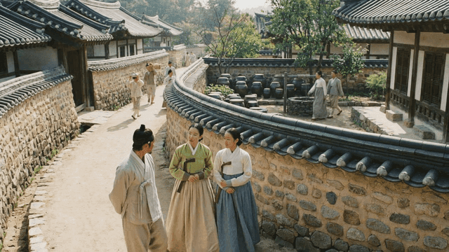 People wearing Hanbok along stone wall path between Hanoks