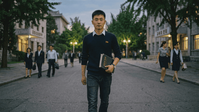 North Korean university students walking down campus street