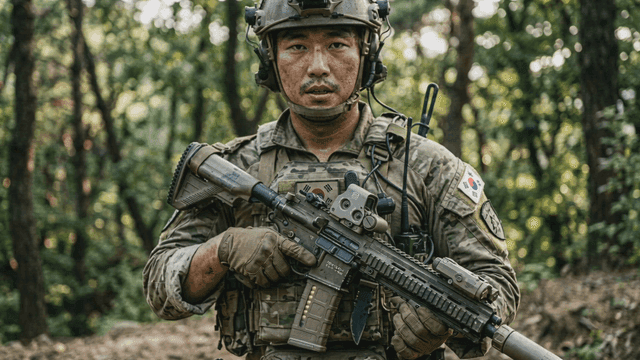 Soldier standing in woods holding rifle