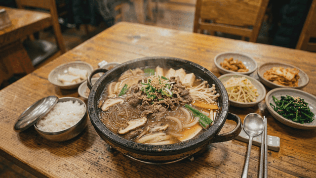 Beef bulgogi hot pot and side dishes on table