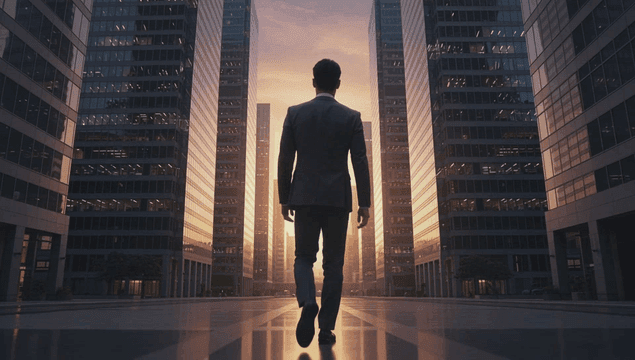 Back of a male office worker walking between tall buildings at sunset.