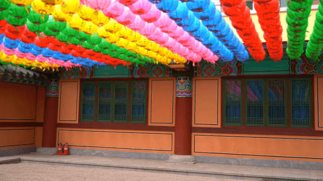 Colorful lanterns hanging in a temple courtyard