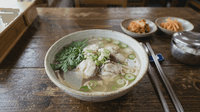 Steaming fish soup on table