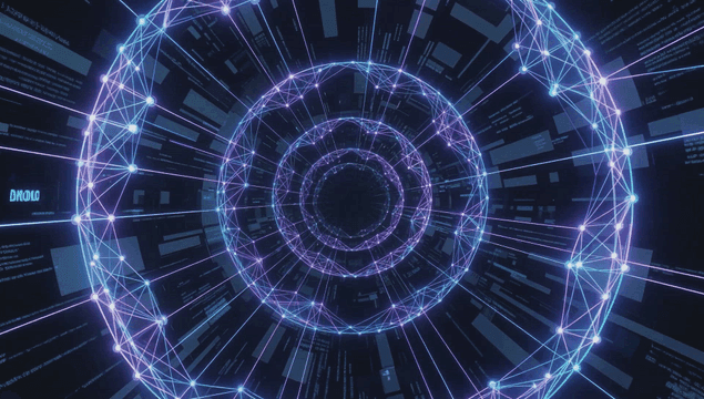 Digital tunnel surrounded by glowing network lines